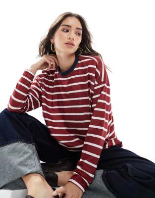 Asos Design Striped Long Sleeve Boxy Top With Wide Sleeves And Contrast Ringer In Red