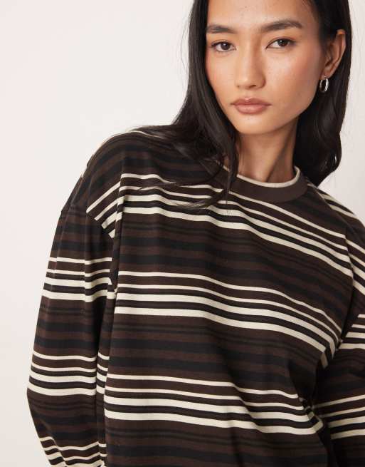 ASOS DESIGN striped long sleeve top with double layer inserts in brown, 4 of 4