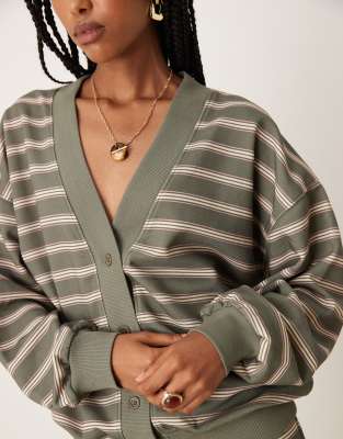Asos Design Striped Loopback Button Up Cardigan In Green