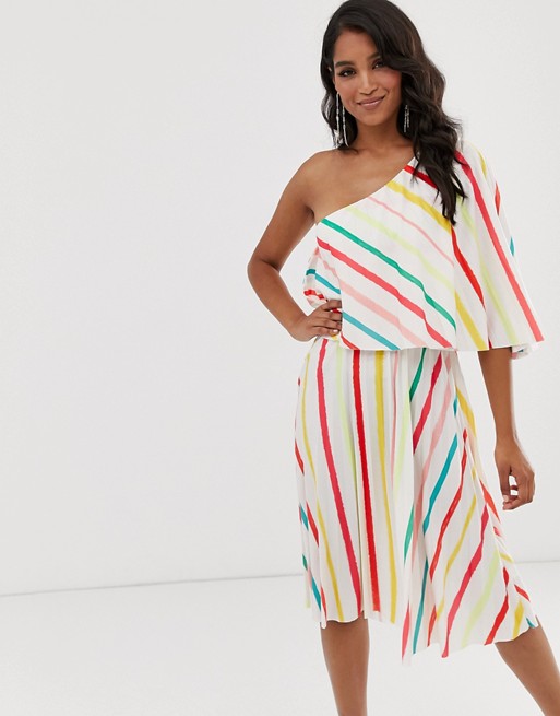 ASOS DESIGN striped one shoulder pleated crop top midi dress