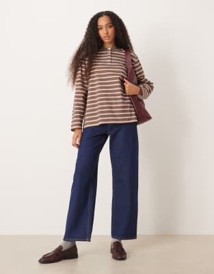 Asos Design Striped Oversized Henley Top In Brown