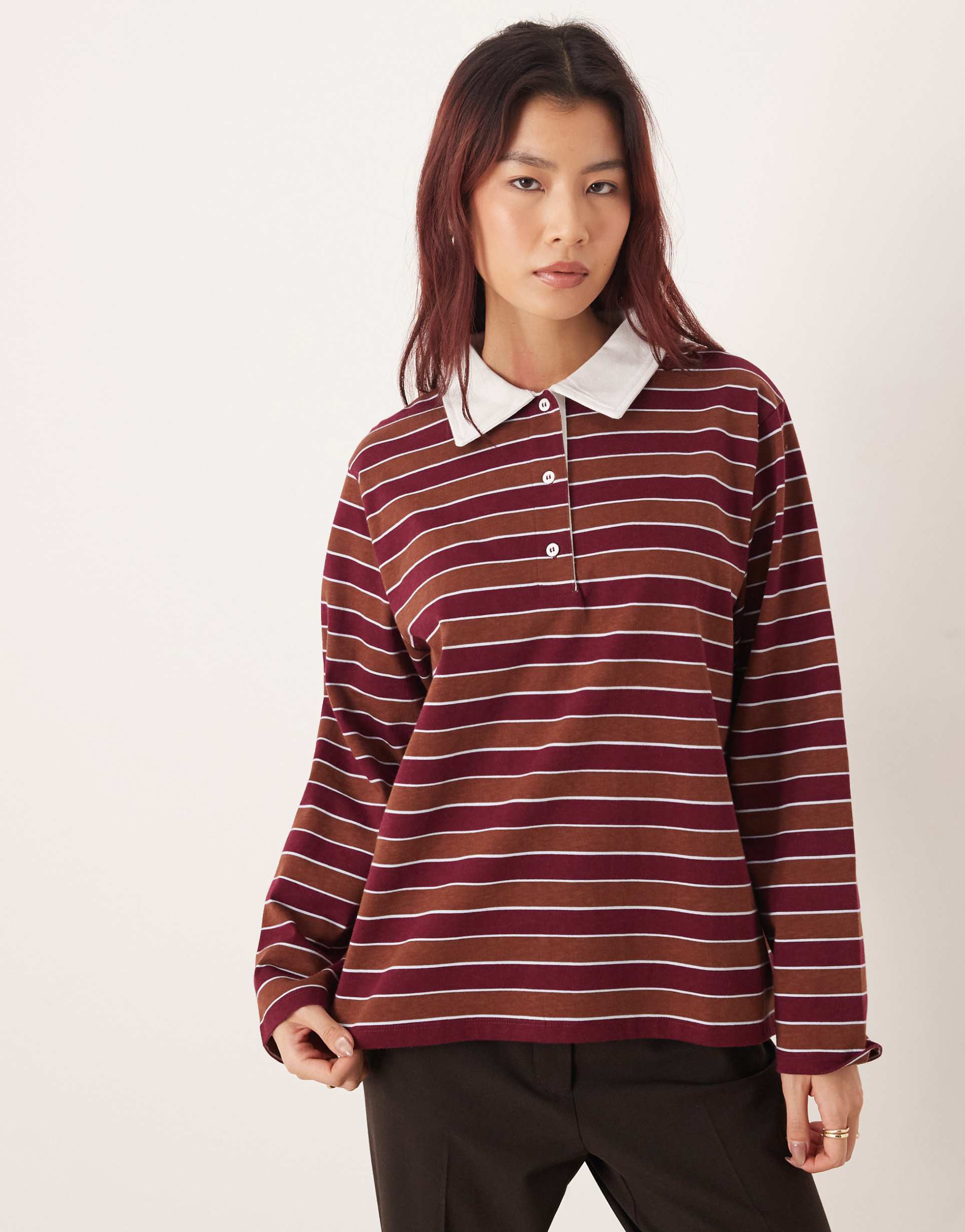 asos design striped oversized rugby top in burgundy