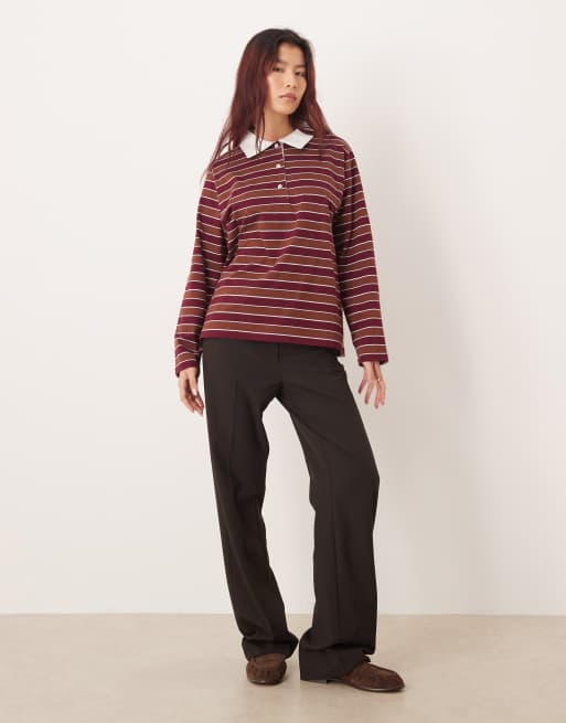 ASOS DESIGN striped oversized rugby top in burgundy, 2 of 4