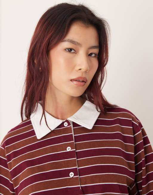 ASOS DESIGN striped oversized rugby top in burgundy, 3 of 4
