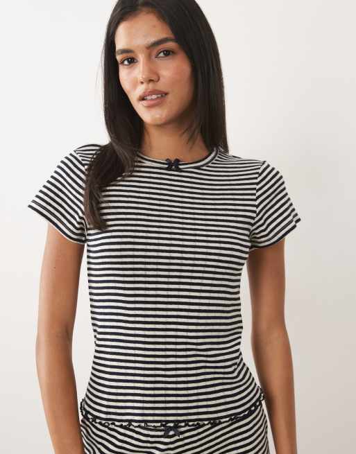 ASOS DESIGN striped pointelle pajama in navy and white, 4 of 4