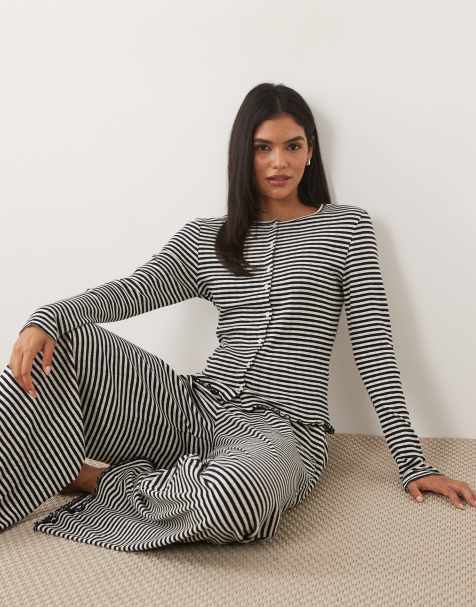 ASOS DESIGN striped pointelle button up cardigan in navy and white - view 1