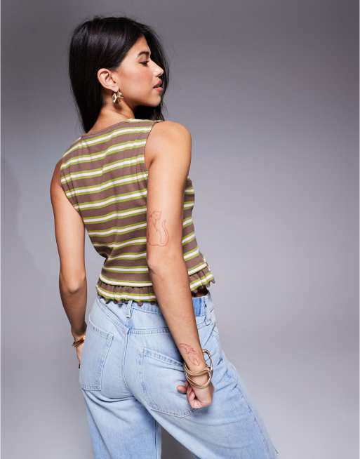ASOS DESIGN striped ruffle sleeveless boxy top in brown, 2 of 4