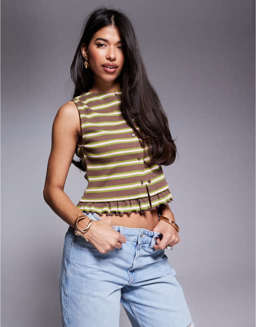 ASOS DESIGN striped ruffle sleeveless boxy top in brown, 3 of 4