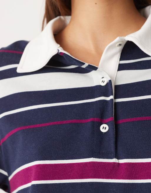 ASOS DESIGN striped rugby polo top in navy