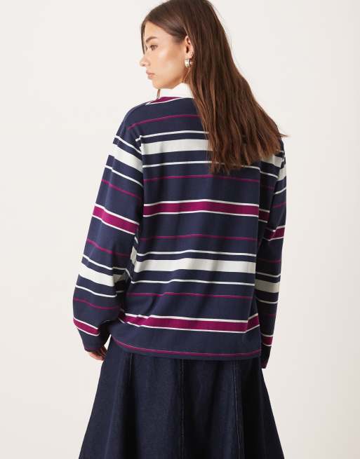 ASOS DESIGN striped rugby polo top in navy