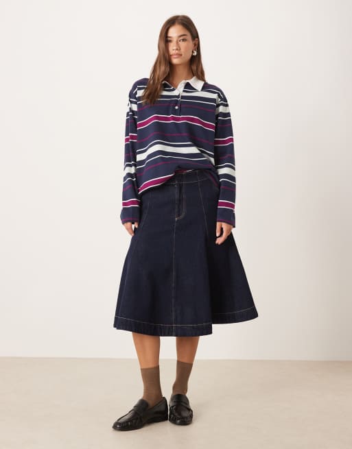 ASOS DESIGN striped rugby polo top in navy