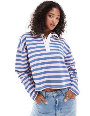 Asos Design Striped Rugby Sweatshirt Polo In Pink-blue