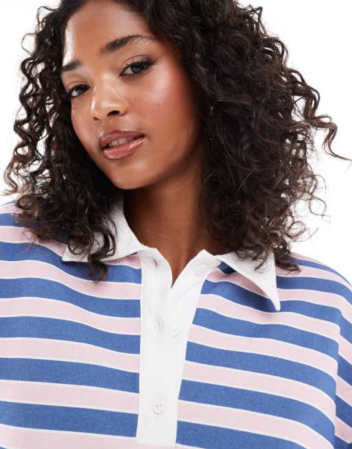 ASOS DESIGN striped rugby sweatshirt polo in pink ASOS