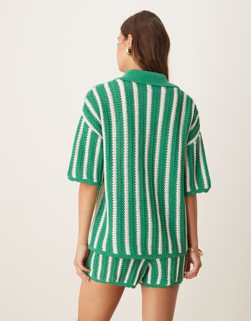 ASOS Design striped scallop edge knit shirt in green - part of a set 