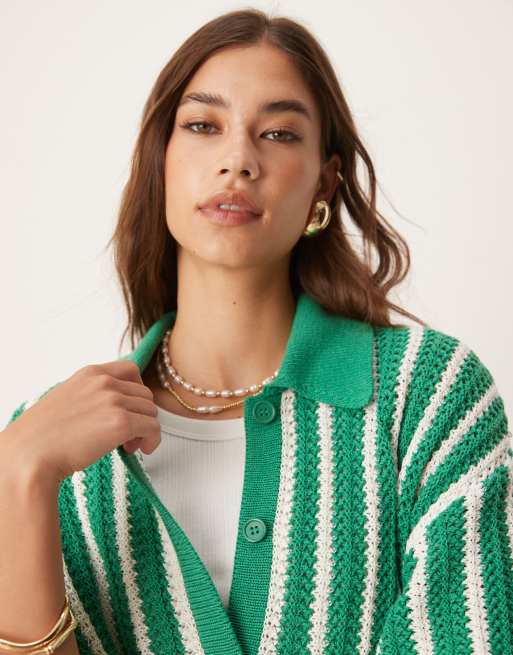 ASOS Design striped scallop edge knit shirt in green - part of a set 