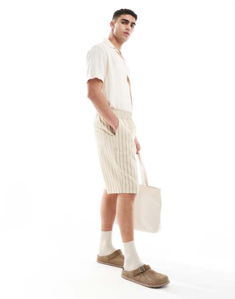 ASOS DESIGN striped shorts in seersucker in stone - view 1