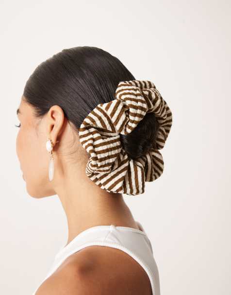 ASOS DESIGN striped soft scrunchie in chocolate brown and cream - view 1