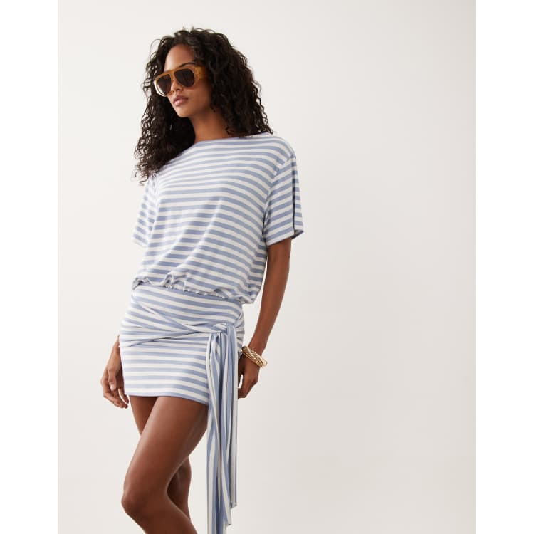 blue and white striped dress asos DESIGN t-shirt mini with tie detail in light stripe Men's Size:10.5 US