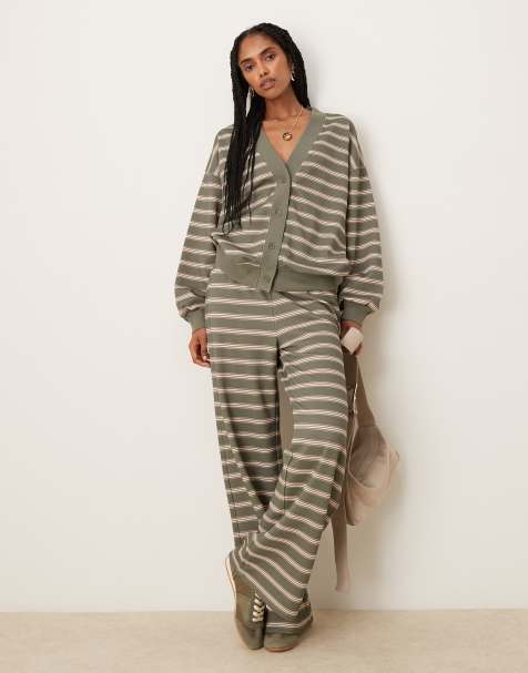 ASOS DESIGN striped wide leg loopback sweatpants in olive - part of a set - view 1