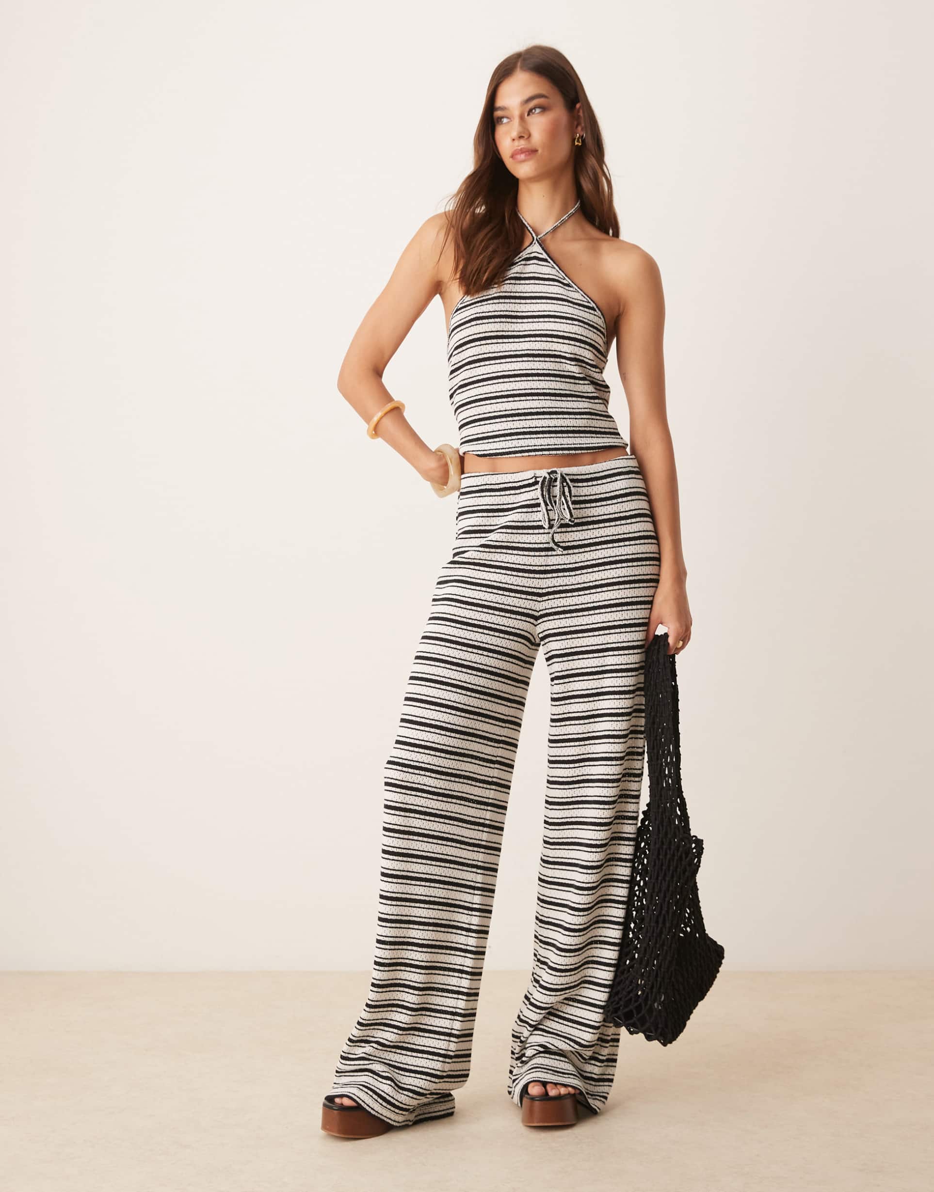 asos design striped wide leg pants in brown and cream