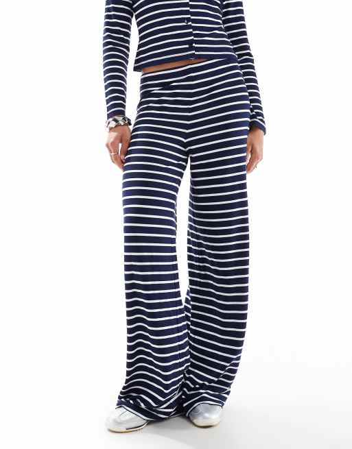 ASOS DESIGN striped wide leg pants in navy (part of a set), 4 of 5