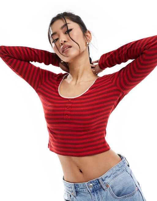 ASOS DESIGN stripey scoop top with trim in red | ASOS