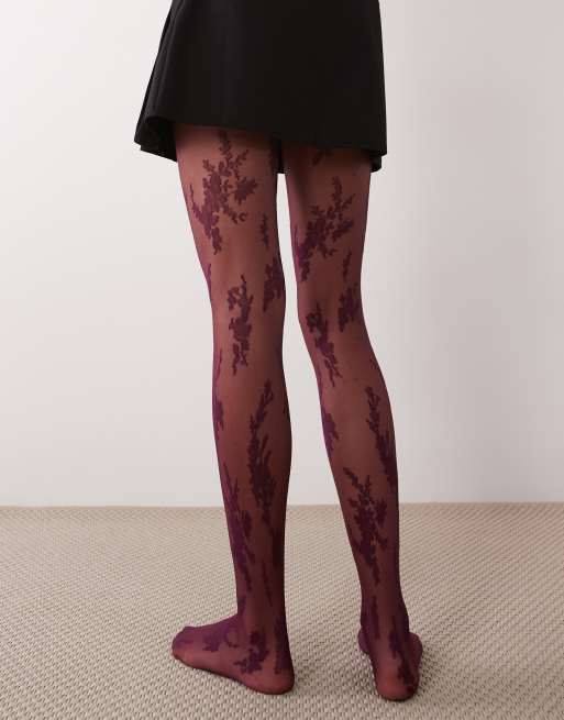 ASOS DESIGN strømpebukser i abstrakt stort blomsterblondeprint i plum, 3 af 3