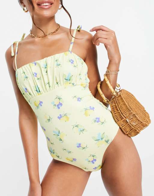 ASOS DESIGN – Strój kąpielowy z marszczoną górą i cytrynowym wzorem