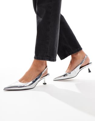 ASOS DESIGN ASOS DESIGN Stroll slingback kitten heeled shoes in silver - SILVER