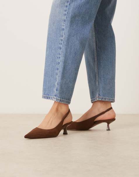 ASOS DESIGN Stroll slingback mid heeled shoes in brown suedette - view 1