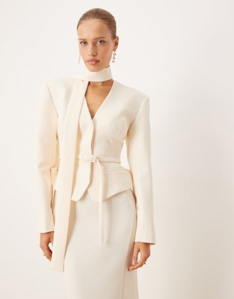 ASOS DESIGN strong shoulder blazer co-ord with neck scarf detail in buttermilk - view 1