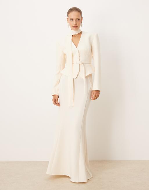ASOS DESIGN strong shoulder blazer co-ord with neck scarf detail in buttermilk, 2 of 4