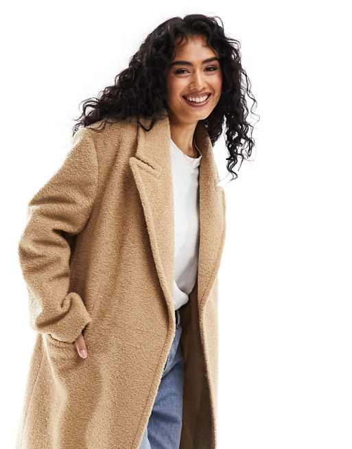 ASOS DESIGN strong shoulder coat in camel boucle