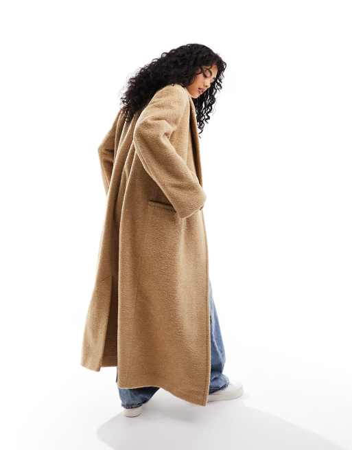 ASOS DESIGN fleece coat with contrast stitching in camel