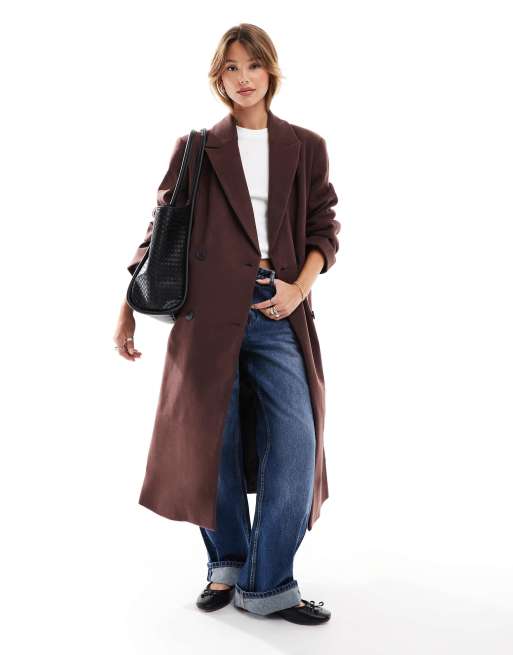 ASOS DESIGN strong shoulder dad coat in chocolate