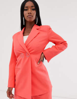 coral color pant suit