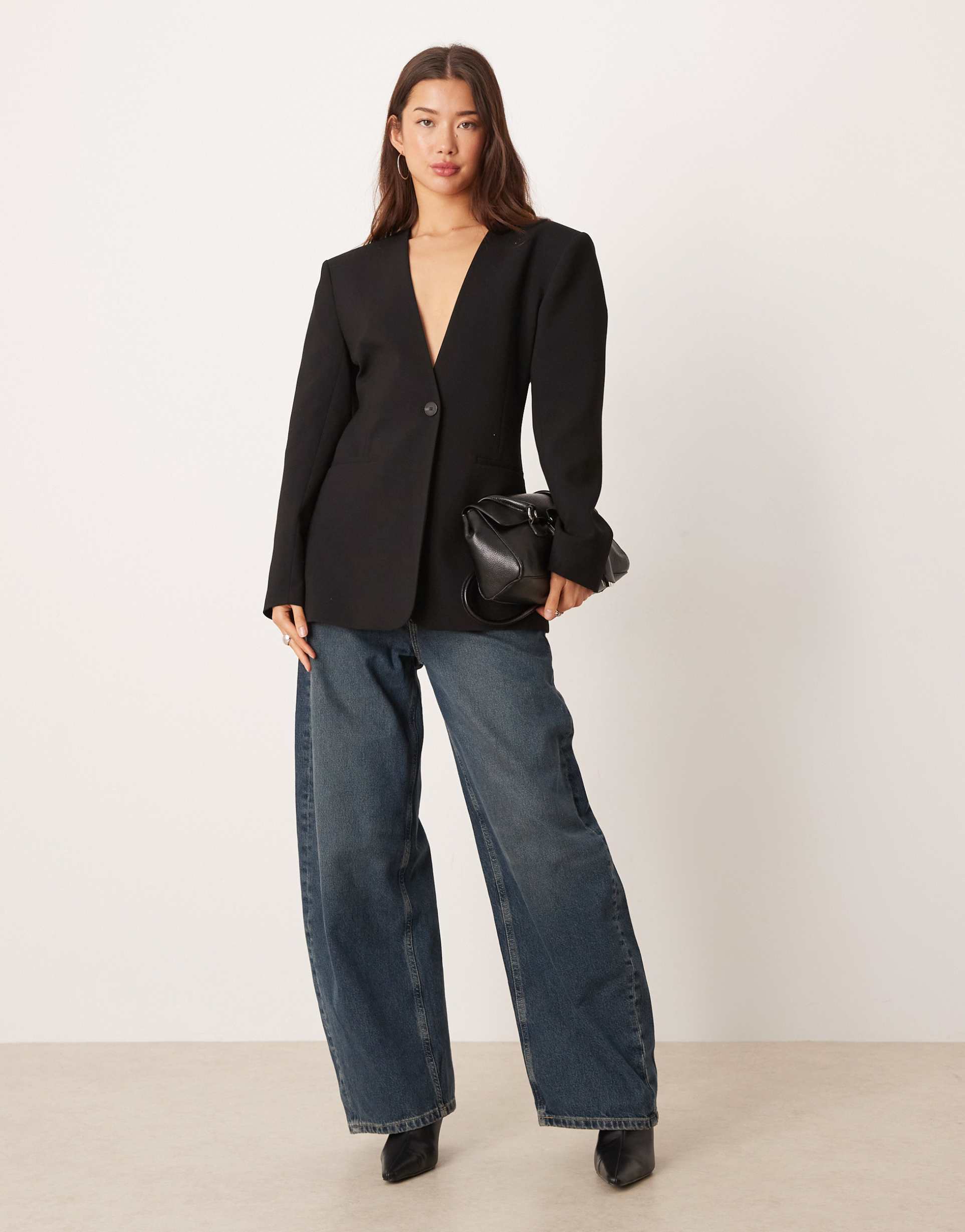 asos design strong shoulders cinched waist blazer in black