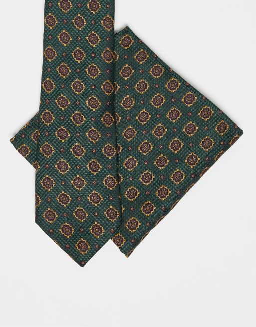 ASOS DESIGN - Stropdas en pochet met vintage print in groen