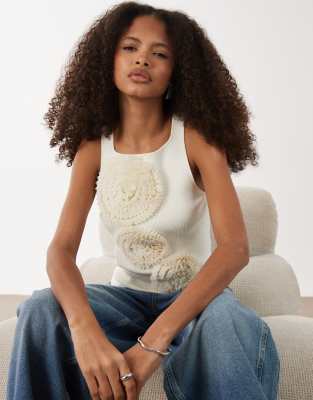 Asos Design Structured 3d Floral Top In White