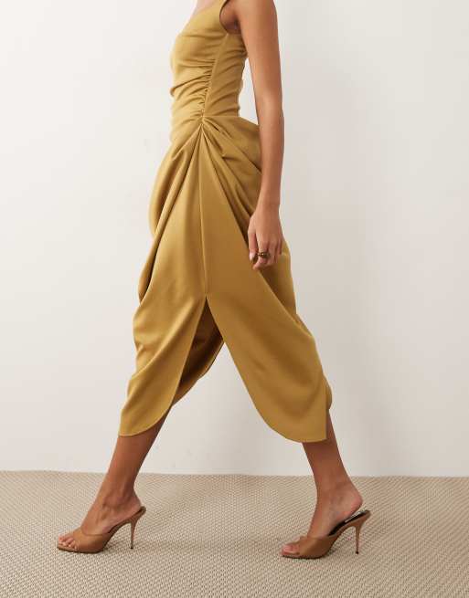 ASOS DESIGN structured bandage midi dress with draped skirt in olive gold scuba-style fabric, 3 of 4