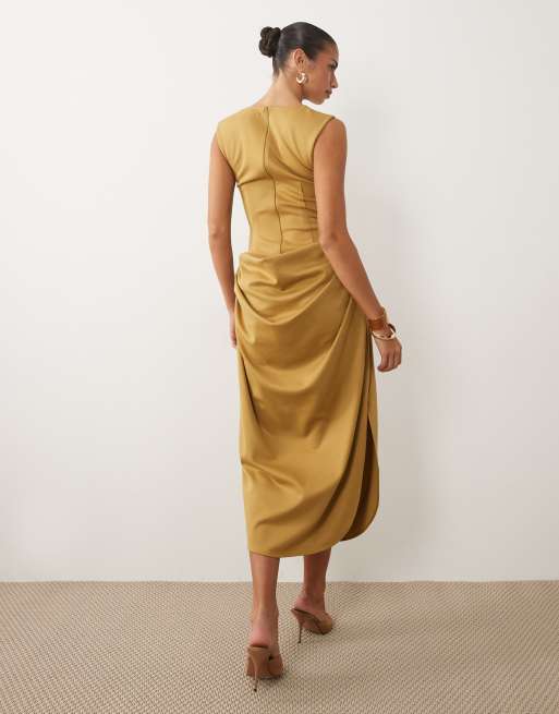 ASOS DESIGN structured bandage midi dress with draped skirt in olive gold scuba-style fabric, 4 of 4