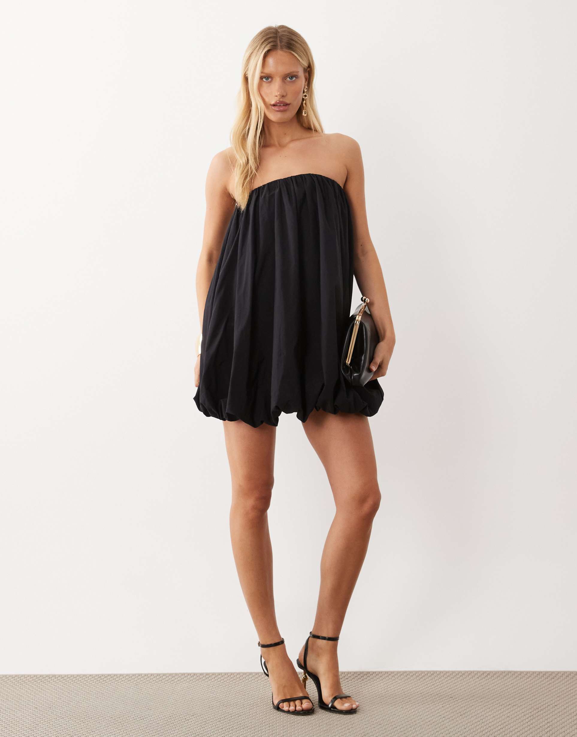 asos design structured bandeau bubble mini dress in black