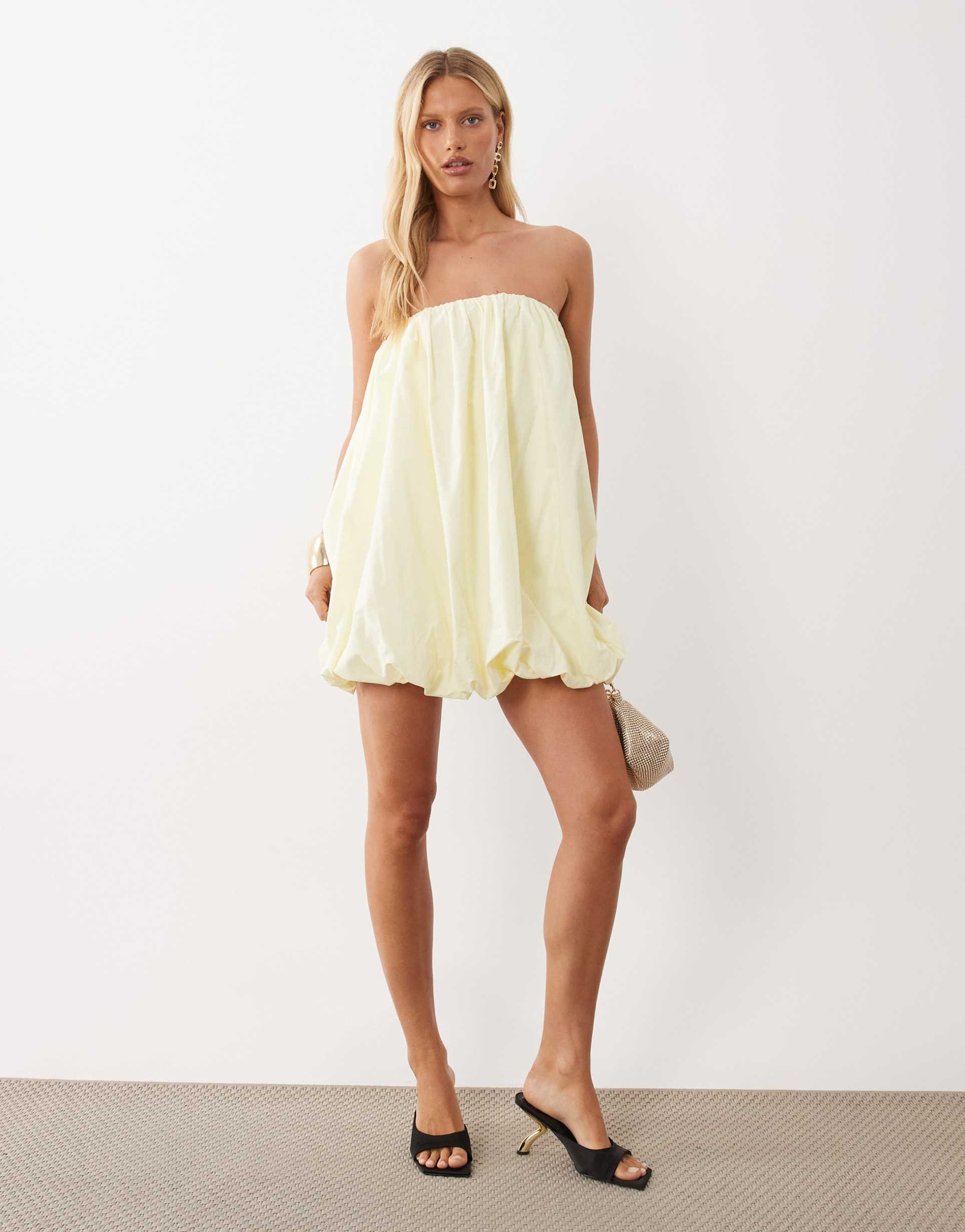 asos design structured bandeau bubble mini dress in buttermilk