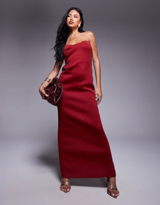 ASOS DESIGN structured bandeau maxi dress in dark cherry in scuba-style fabric