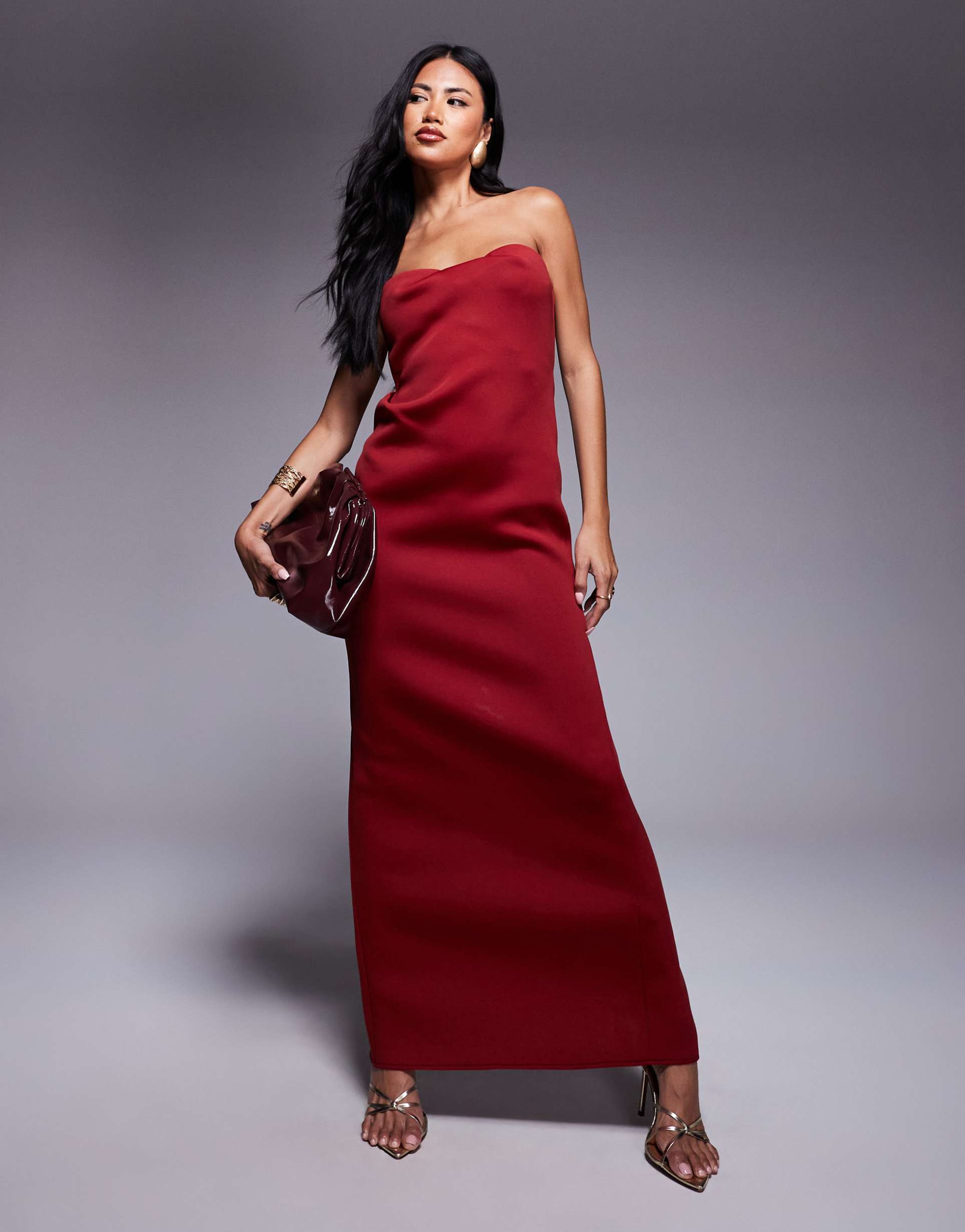asos design structured bandeau maxi dress in dark cherry in scuba-style fabric
