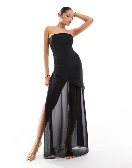 FhyzicsShops DESIGN structured bandeau maxi dress with chiffon thigh split skirt in black