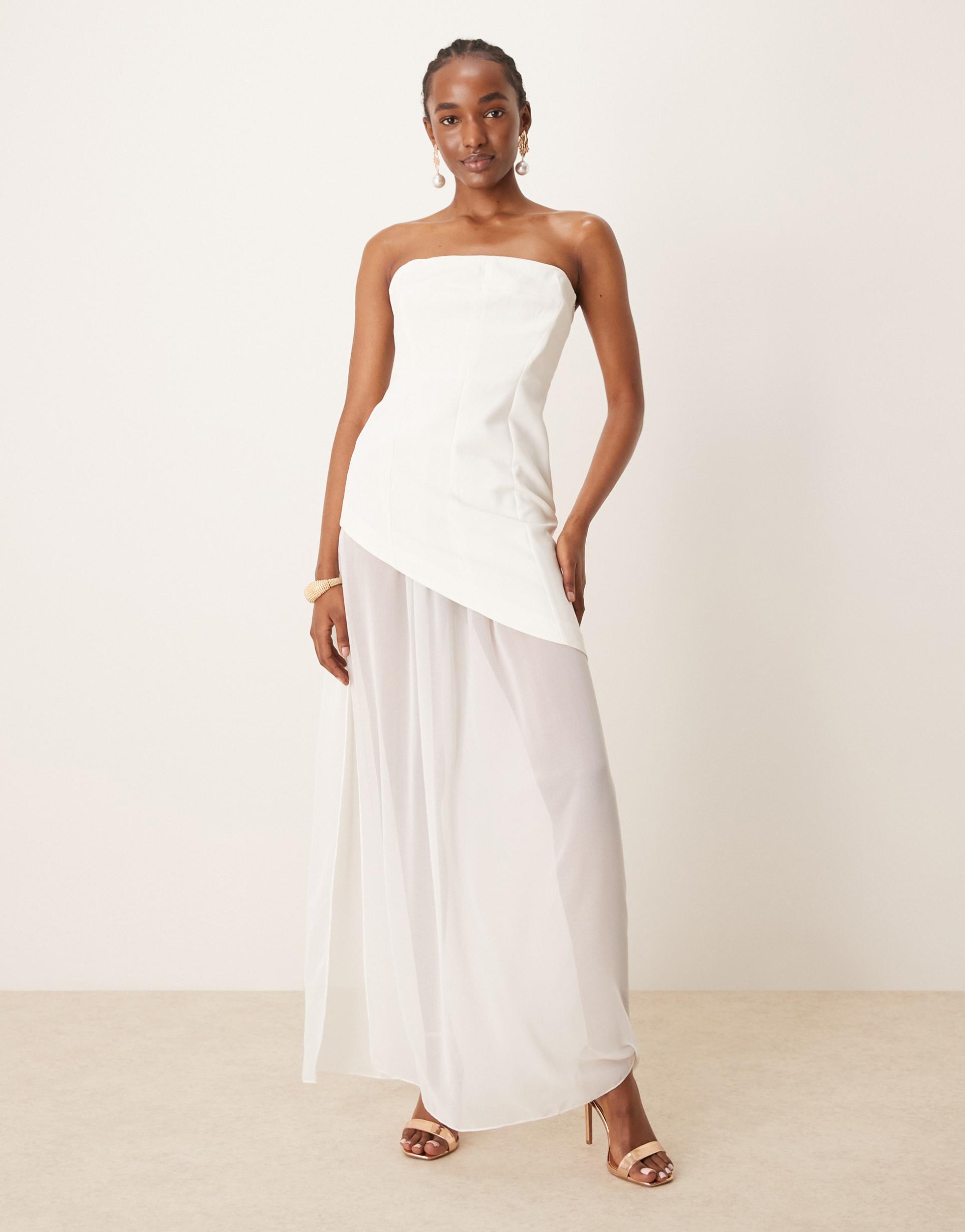 asos design structured bandeau maxi dress with chiffon thigh split skirt in ivory