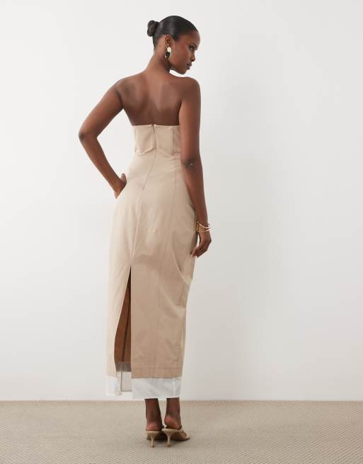 ASOS DESIGN structured bandeau midaxi dress with contrast panel in natural, 4 of 4