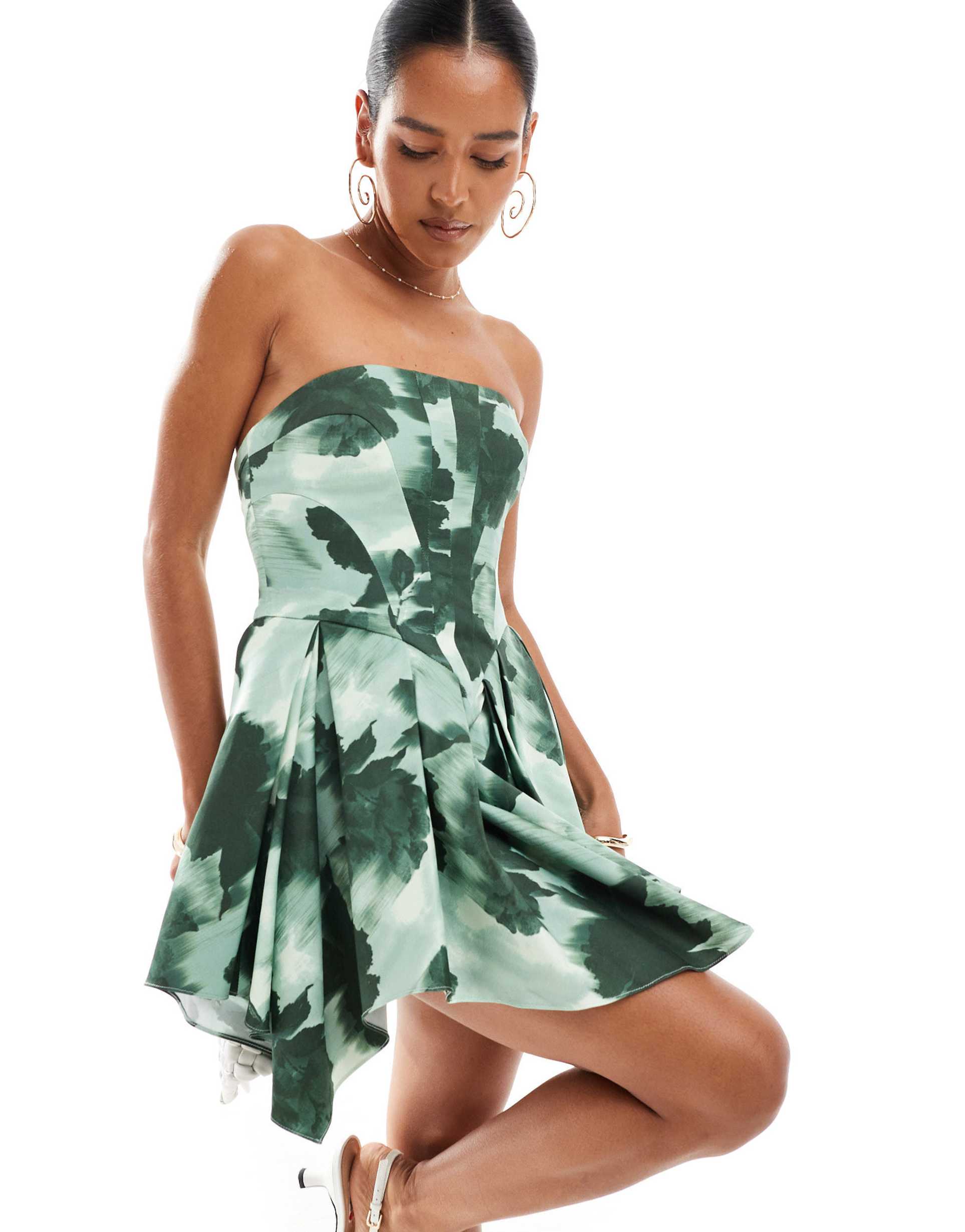 asos design structured bandeau mini dress with full skirt in green floral print