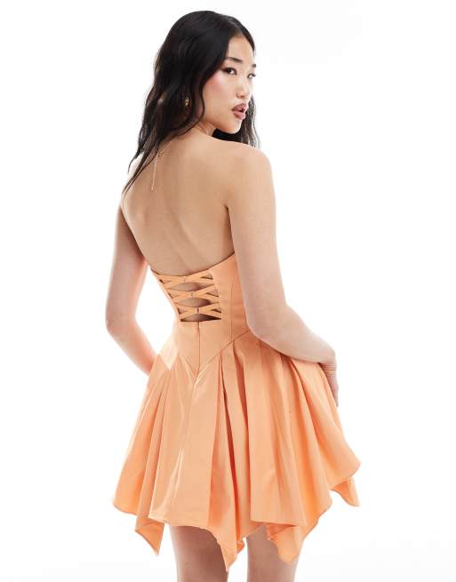 ASOS DESIGN structured bandeau mini dress with full skirt in peach 